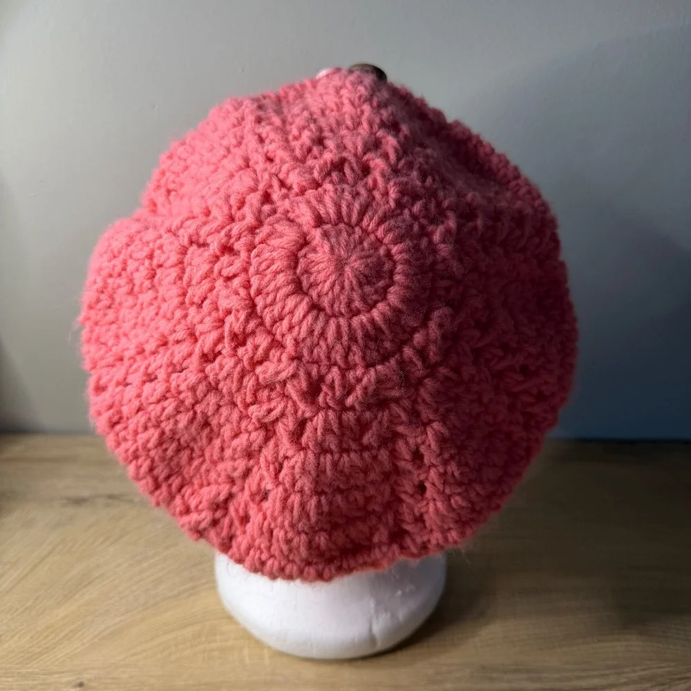 OshKosh B'Gosh Pink Crochet Knit Beret French Style Button Heart Flower Girl Hat